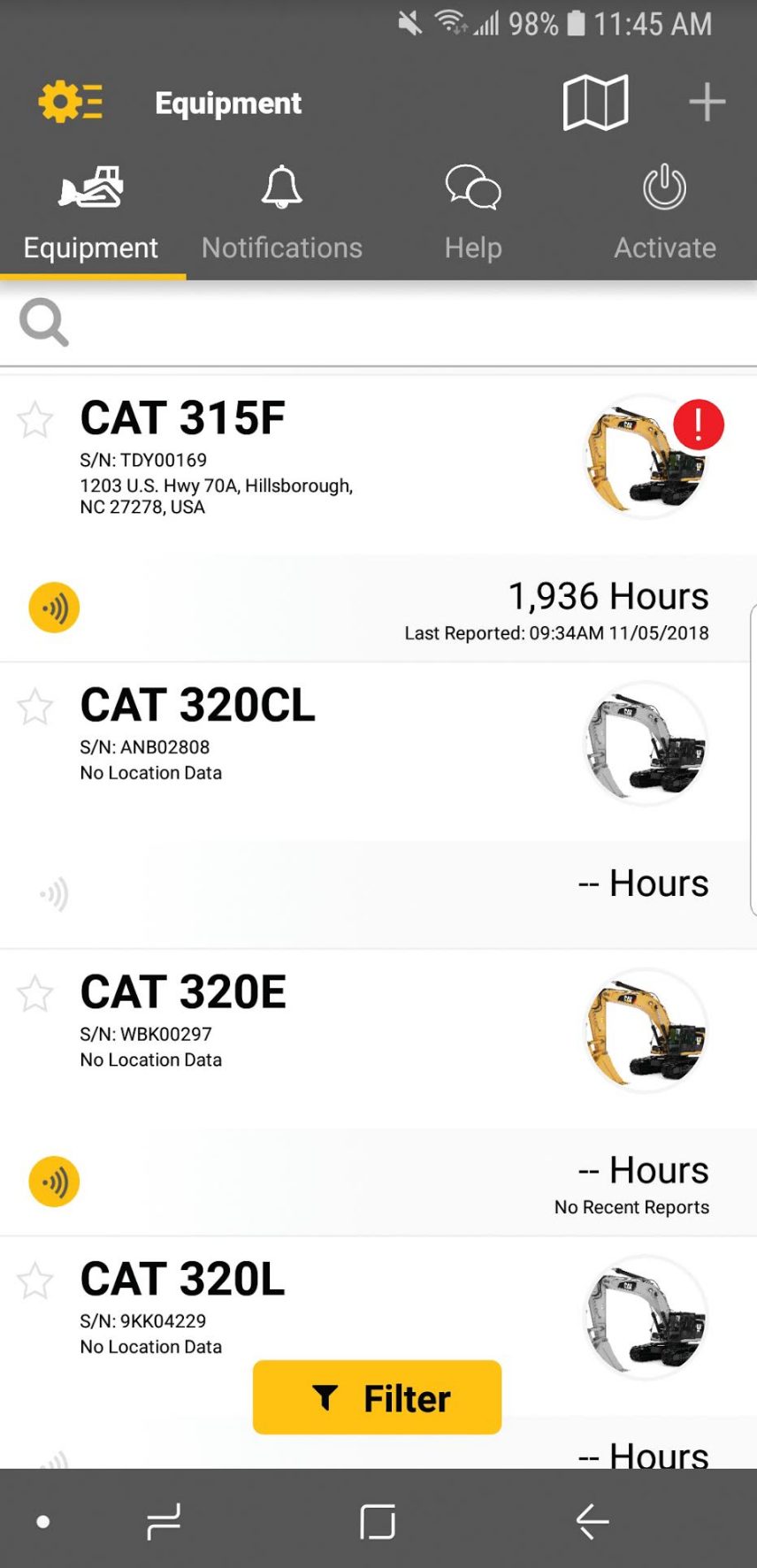 MyCat app showing excavators